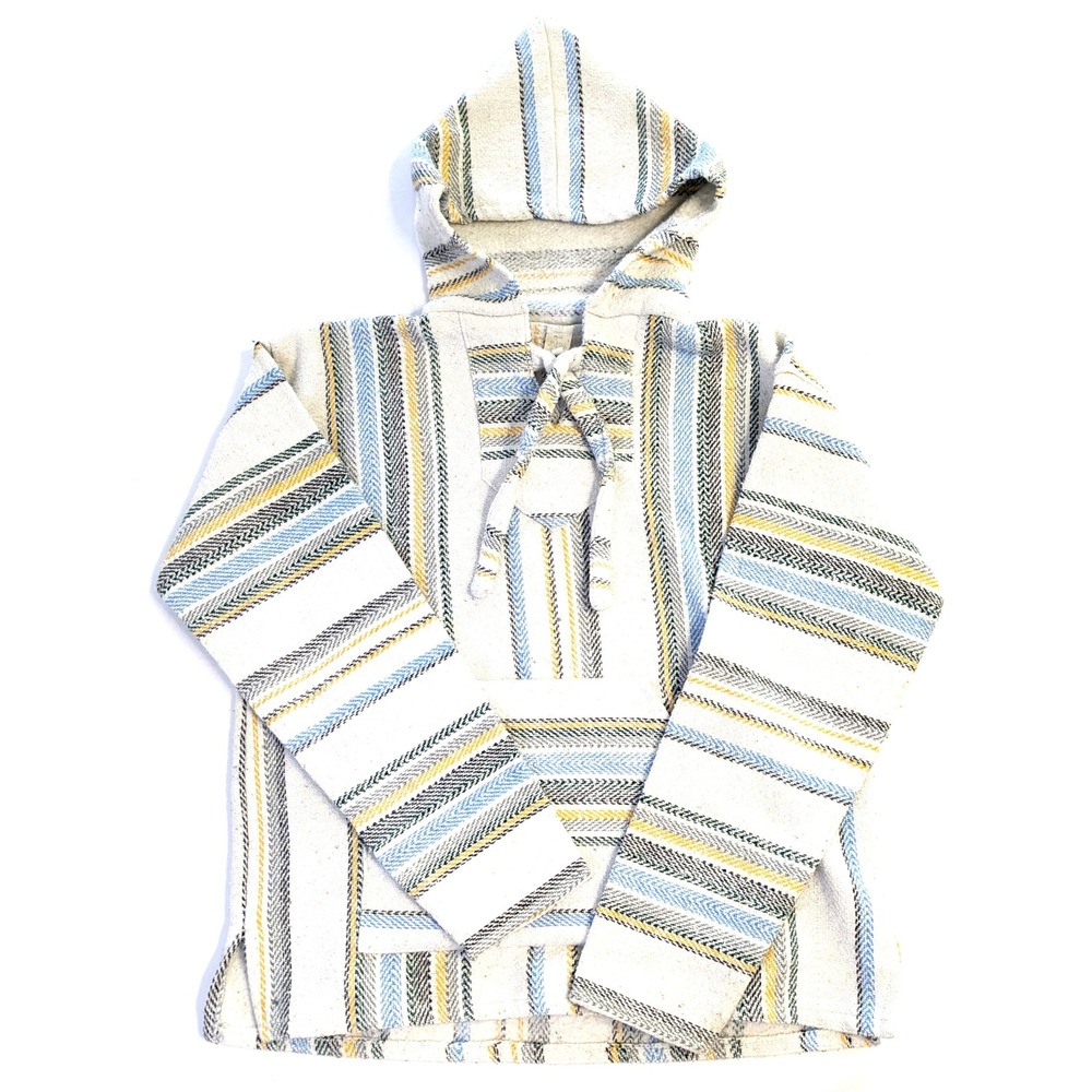 Molina Mexican Baja Hoodie Striped Pullover White Blue Yellow Mens Medium